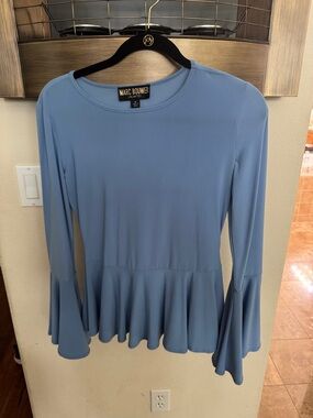 Marc Bouwer Dusty Blue Peplum Bell-Sleeve Top